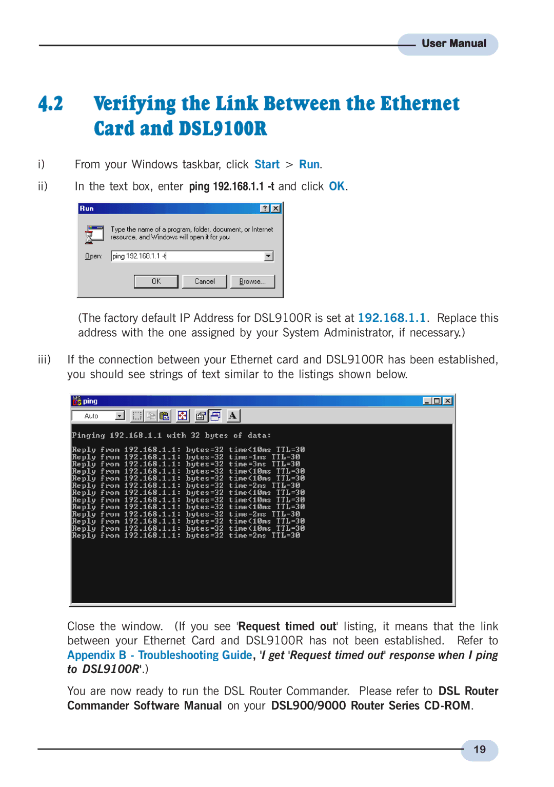 Aztech Systems user manual Verifying the Link Between the Ethernet Card and DSL9100R 