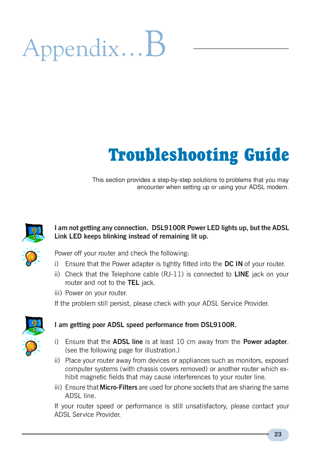 Aztech Systems DSL9100R user manual Appendix…B, Troubleshooting Guide 