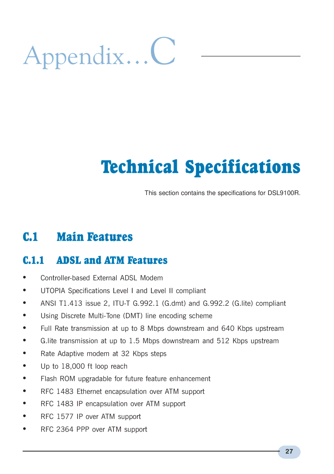 Aztech Systems DSL9100R user manual Appendix…C, Technical Specifications, Main Features, Adsl and ATM Features 