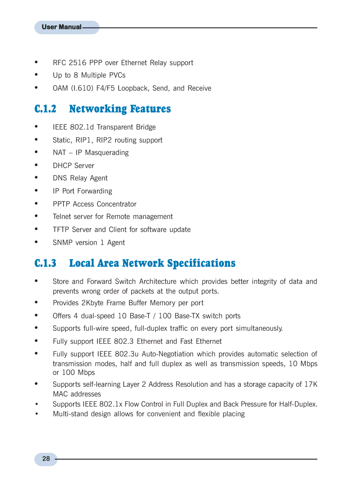 Aztech Systems DSL9100R user manual Networking Features, Local Area Network Specifications 