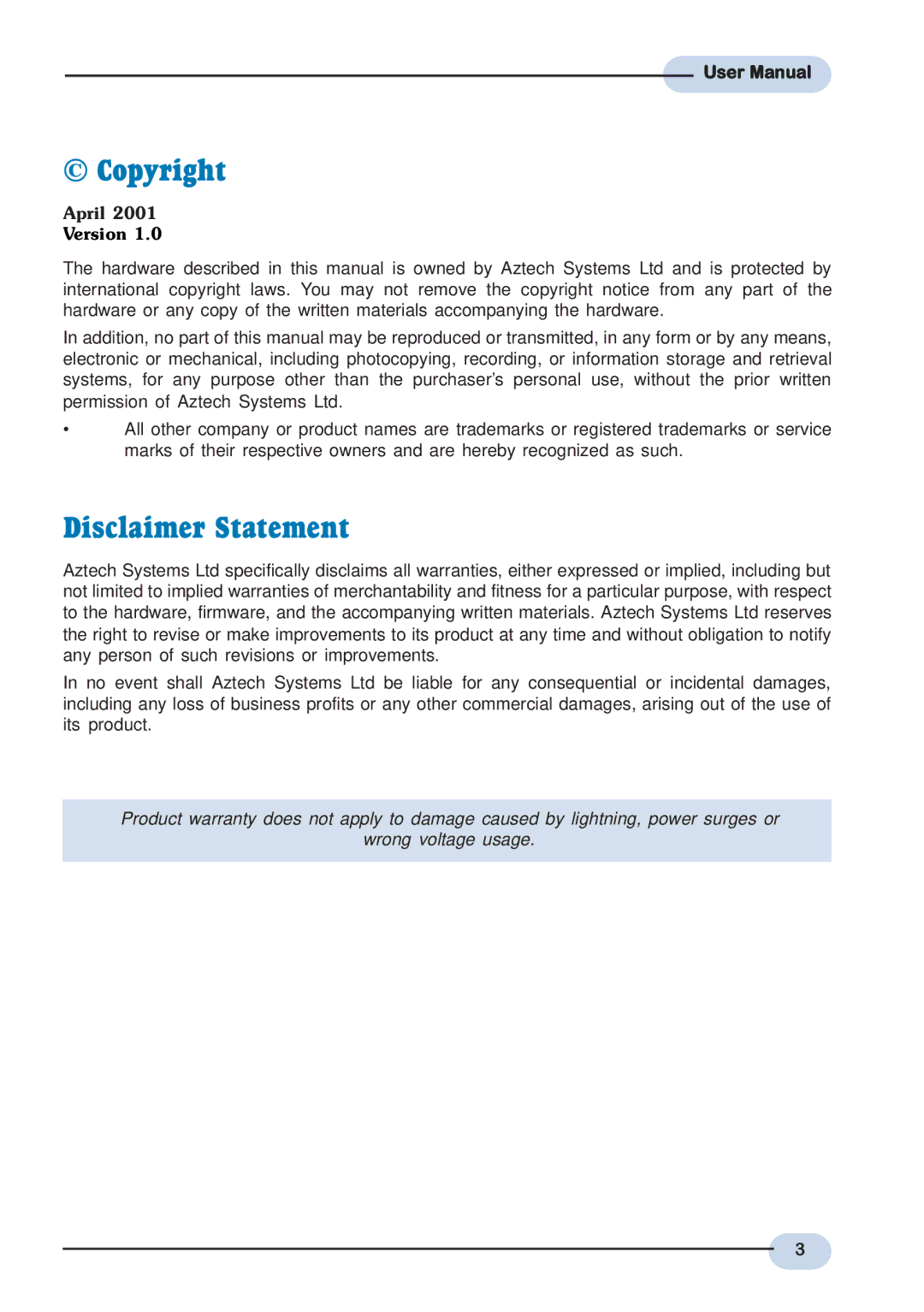 Aztech Systems DSL9100R user manual Copyright, Disclaimer Statement 