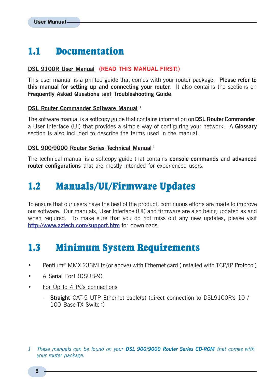 Aztech Systems DSL9100R user manual Documentation, Manuals/UI/Firmware Updates Minimum System Requirements 