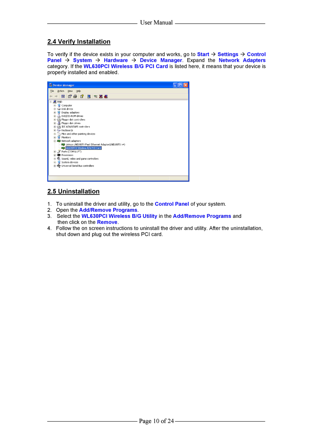 Aztech Systems WL630PCI user manual Verify Installation, Uninstallation 