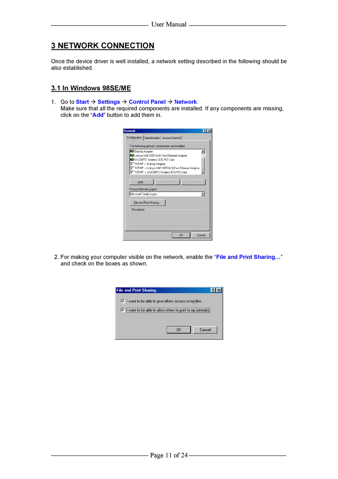 Aztech Systems WL630PCI user manual Windows 98SE/ME, Go to Start Æ Settings Æ Control Panel Æ Network 