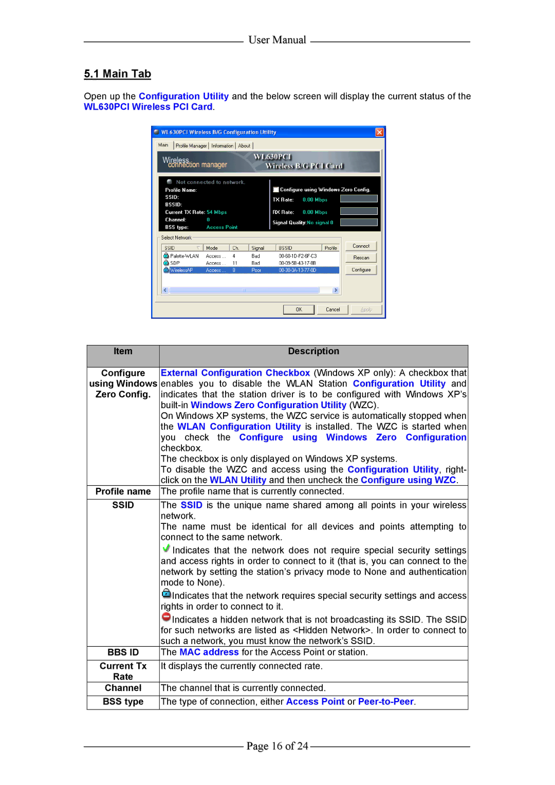 Aztech Systems WL630PCI user manual Main Tab, Built-in Windows Zero Configuration Utility WZC 