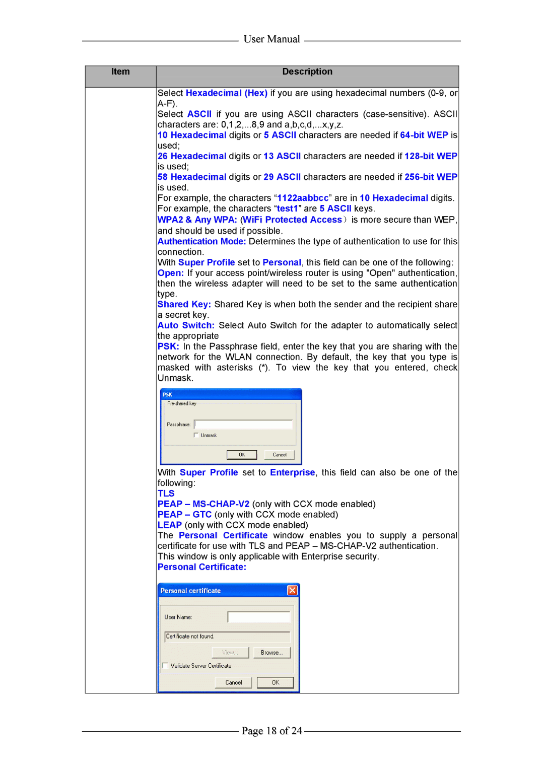 Aztech Systems WL630PCI user manual Tls, Personal Certificate 