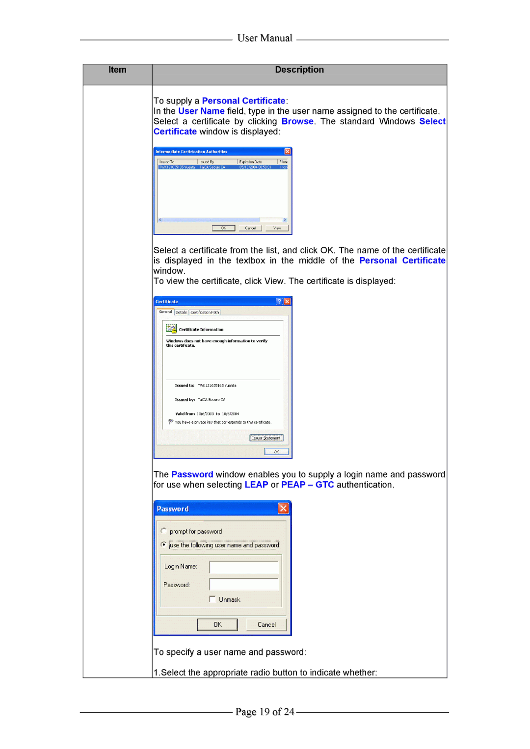 Aztech Systems WL630PCI user manual To supply a Personal Certificate 