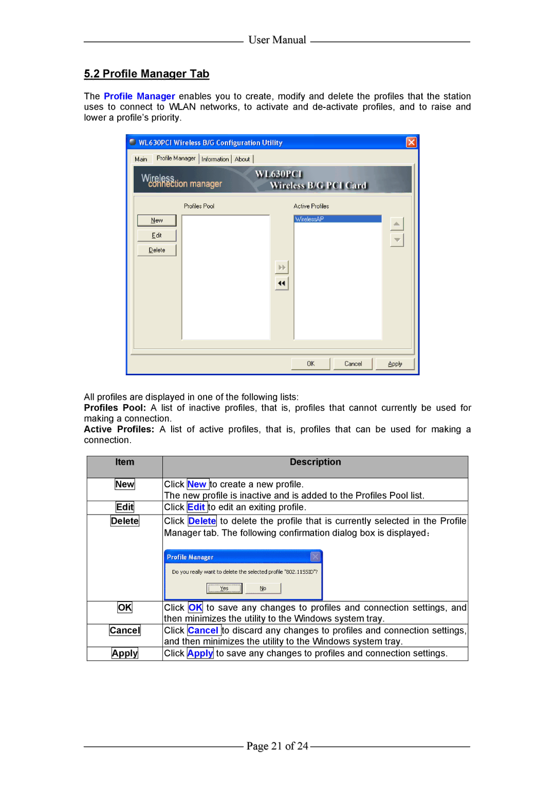 Aztech Systems WL630PCI user manual Profile Manager Tab, New, Edit 