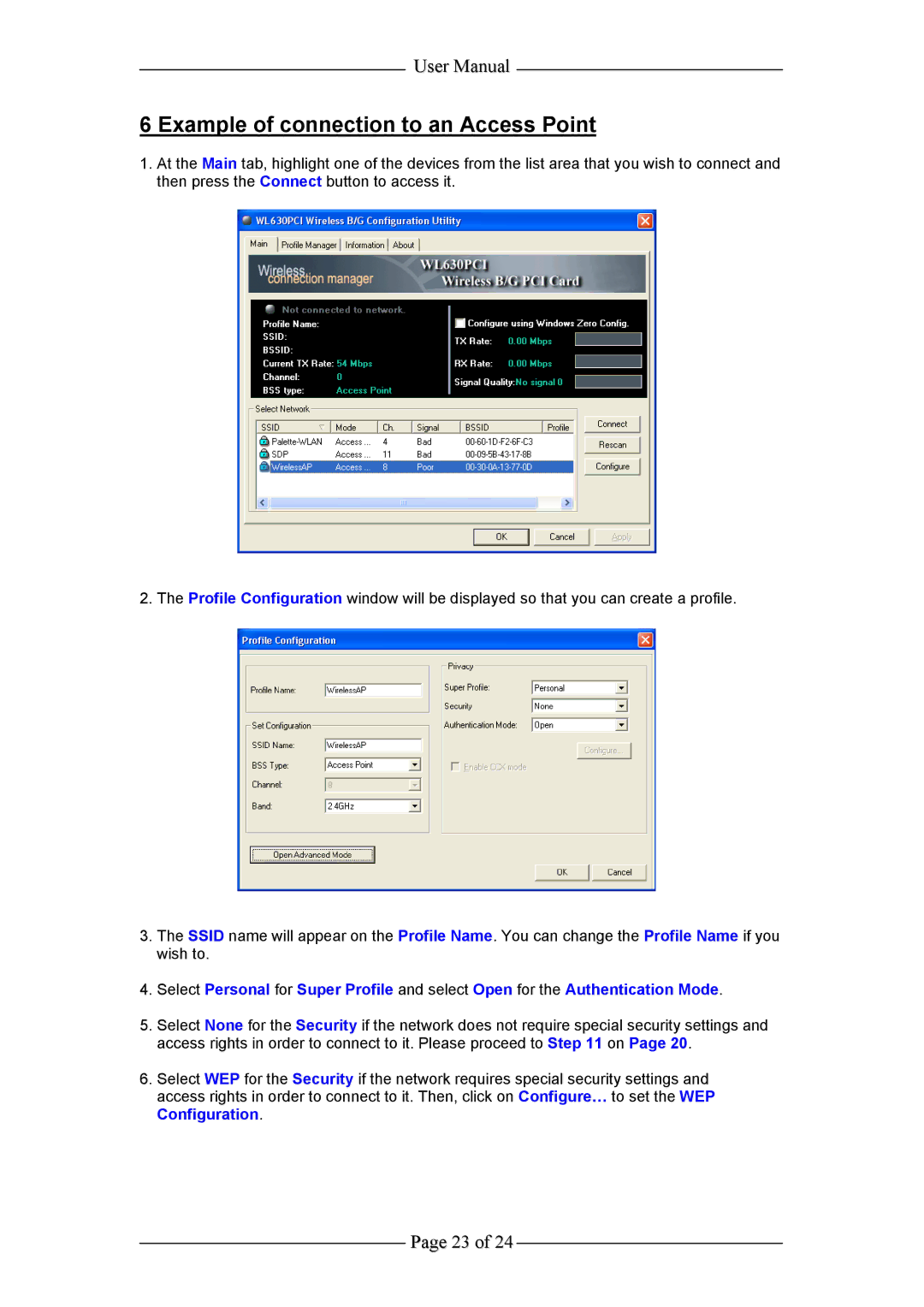 Aztech Systems WL630PCI user manual Example of connection to an Access Point 