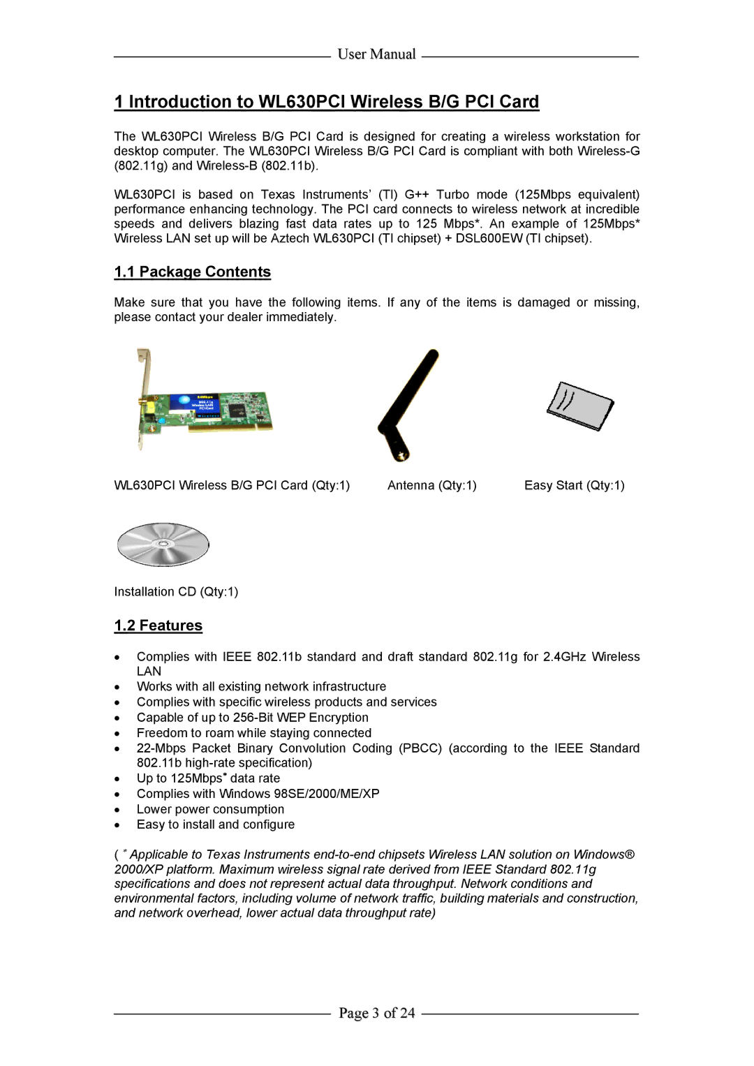 Aztech Systems user manual Introduction to WL630PCI Wireless B/G PCI Card, Package Contents, Features 