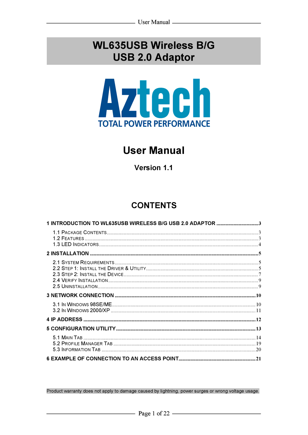 Aztech Systems user manual WL635USB Wireless B/G USB 2.0 Adaptor 