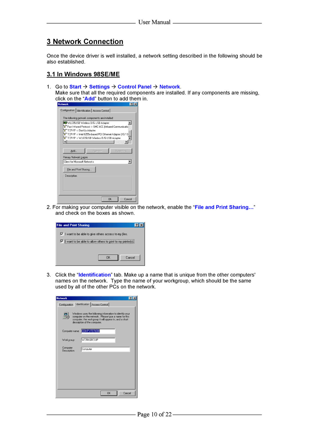 Aztech Systems WL635USB user manual Network Connection, Windows 98SE/ME, Go to Start Æ Settings Æ Control Panel Æ Network 