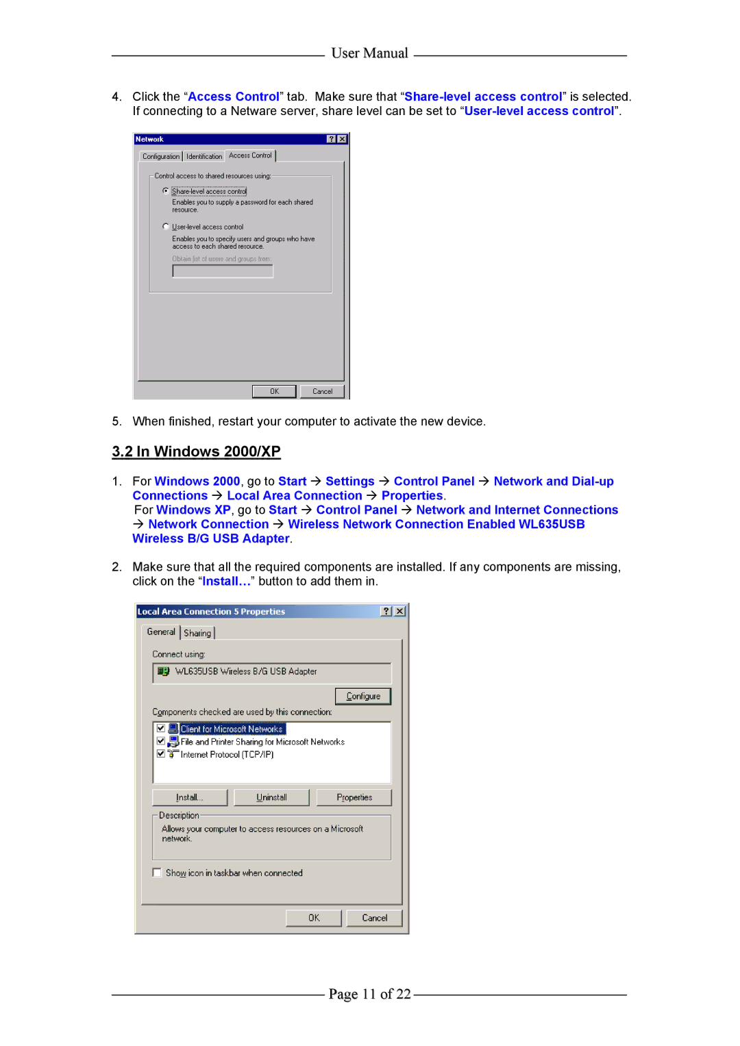 Aztech Systems WL635USB user manual Windows 2000/XP 