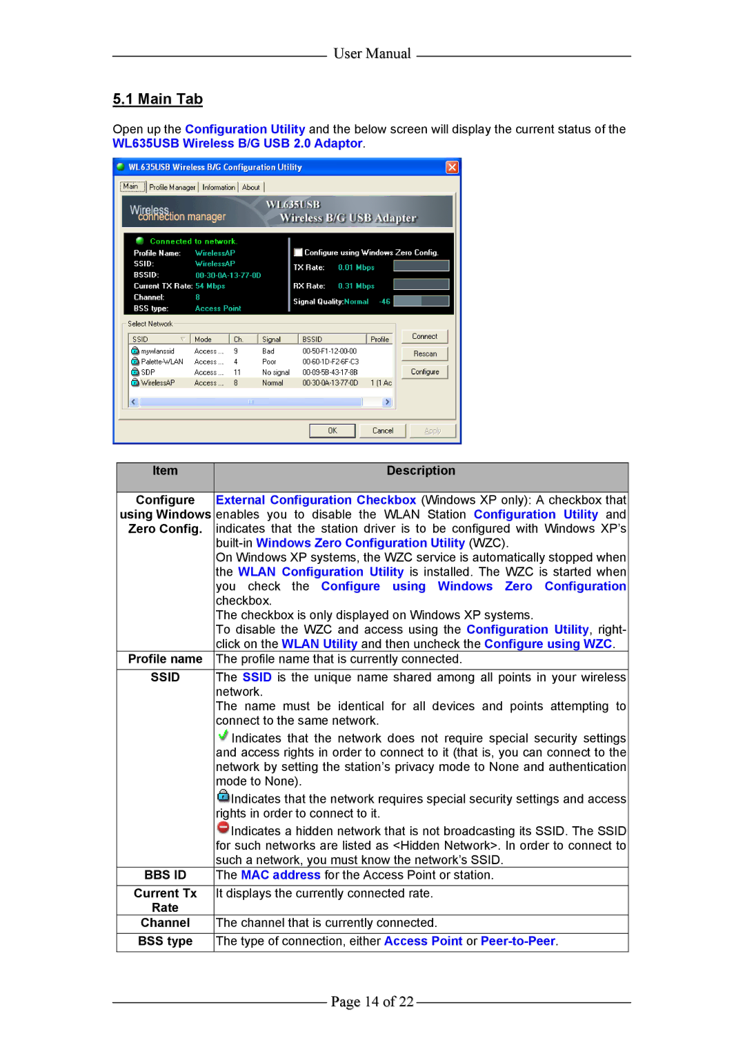 Aztech Systems WL635USB user manual Main Tab, Built-in Windows Zero Configuration Utility WZC 