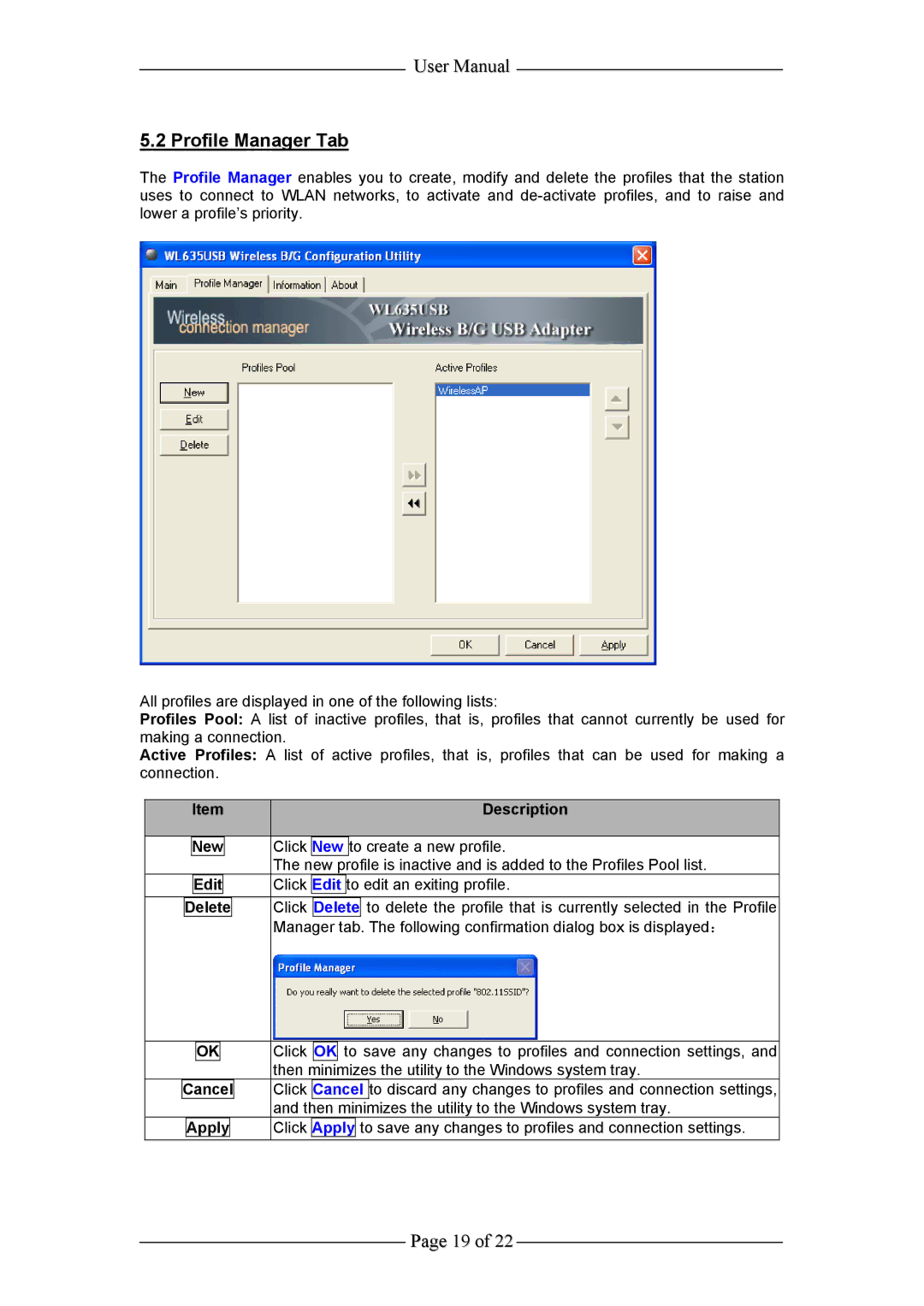 Aztech Systems WL635USB user manual Profile Manager Tab, New, Edit 