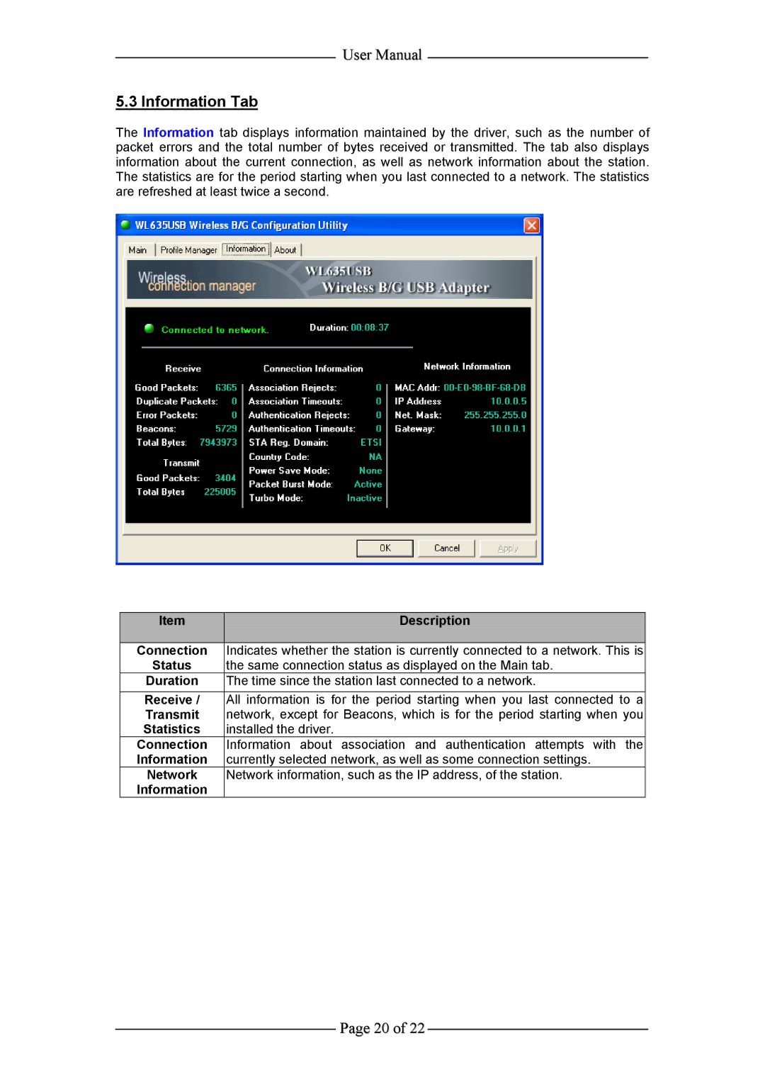 Aztech Systems WL635USB user manual Information Tab 