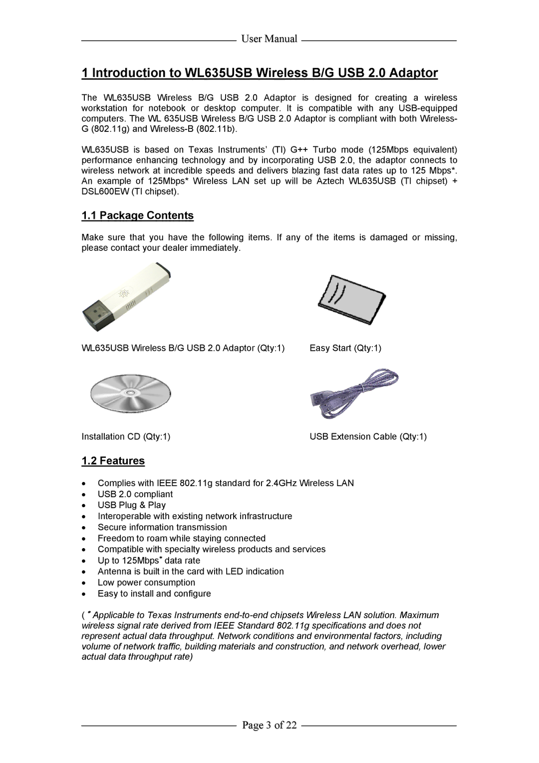 Aztech Systems user manual Introduction to WL635USB Wireless B/G USB 2.0 Adaptor, Package Contents, Features 