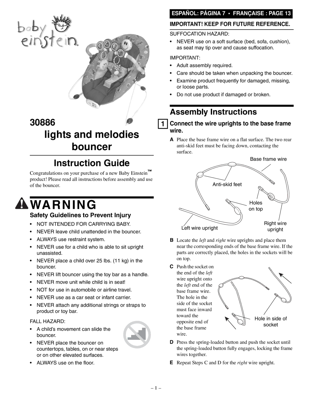 Baby Einstein 30886 manual Assembly Instructions, Safety Guidelines to Prevent Injury 