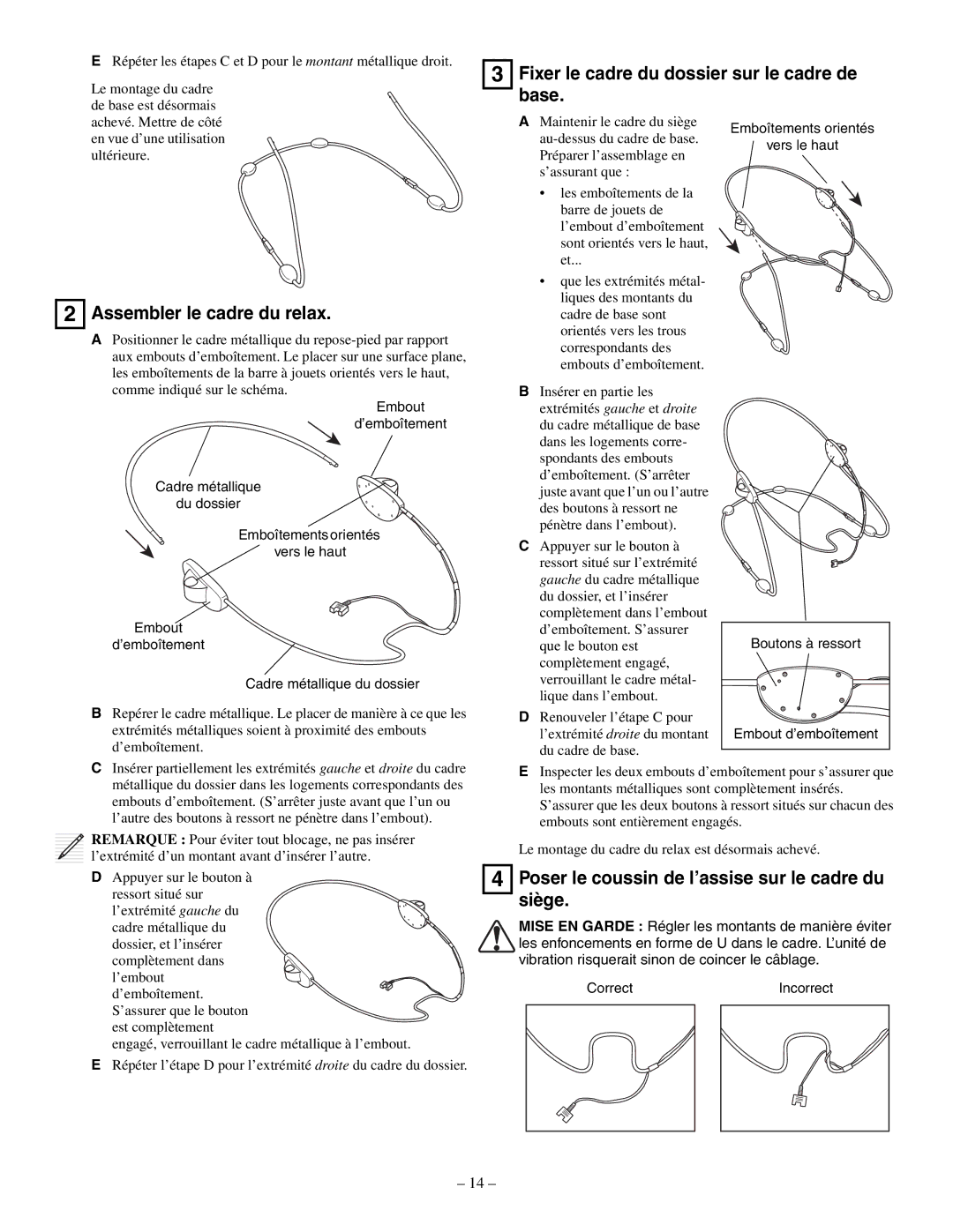 Baby Einstein 30886 manual Fixer le cadre du dossier sur le cadre de base, Assembler le cadre du relax 