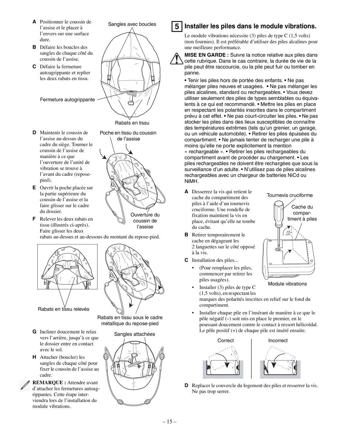 Baby Einstein 30886 manual Installer les piles dans le module vibrations 