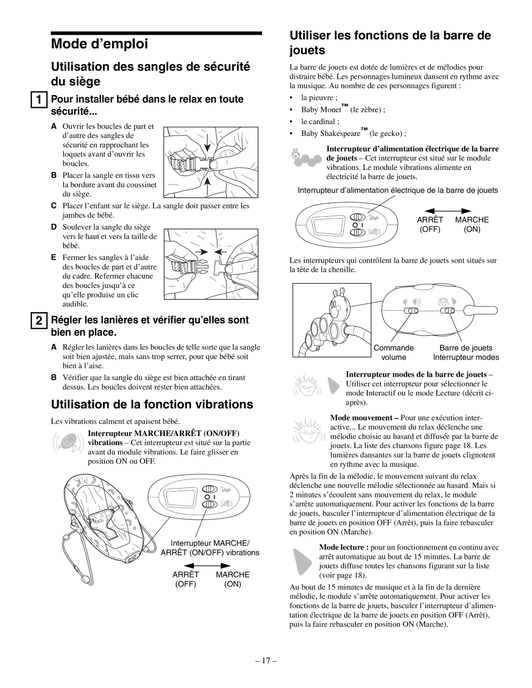 Baby Einstein 30886 Mode d’emploi, Utilisation des sangles de sécurité du siège, Utilisation de la fonction vibrations 