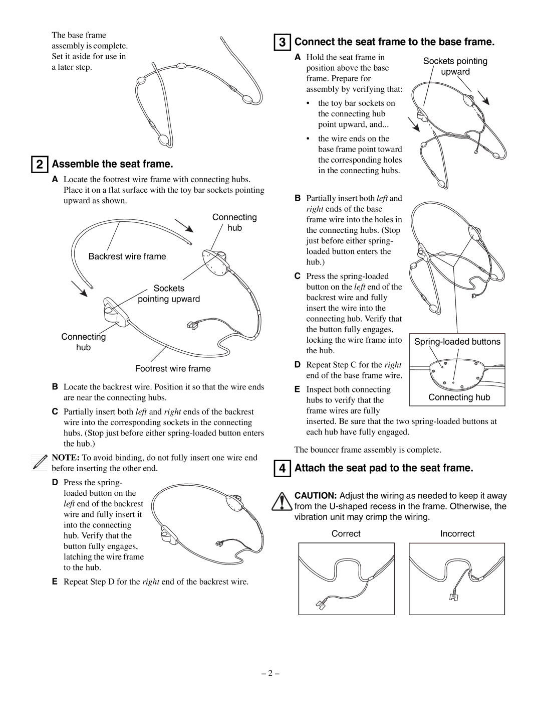 Baby Einstein 30886 manual Assemble the seat frame, Connect the seat frame to the base frame, CorrectIncorrect 