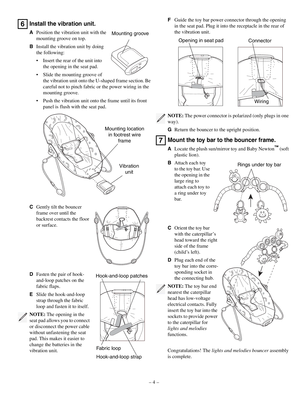 Baby Einstein 30886 manual Install the vibration unit, Mount the toy bar to the bouncer frame 