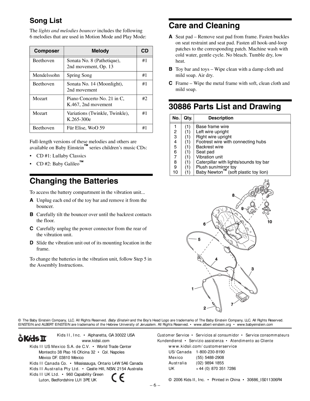 Baby Einstein 30886 manual Care and Cleaning, Parts List and Drawing, Changing the Batteries, Song List 