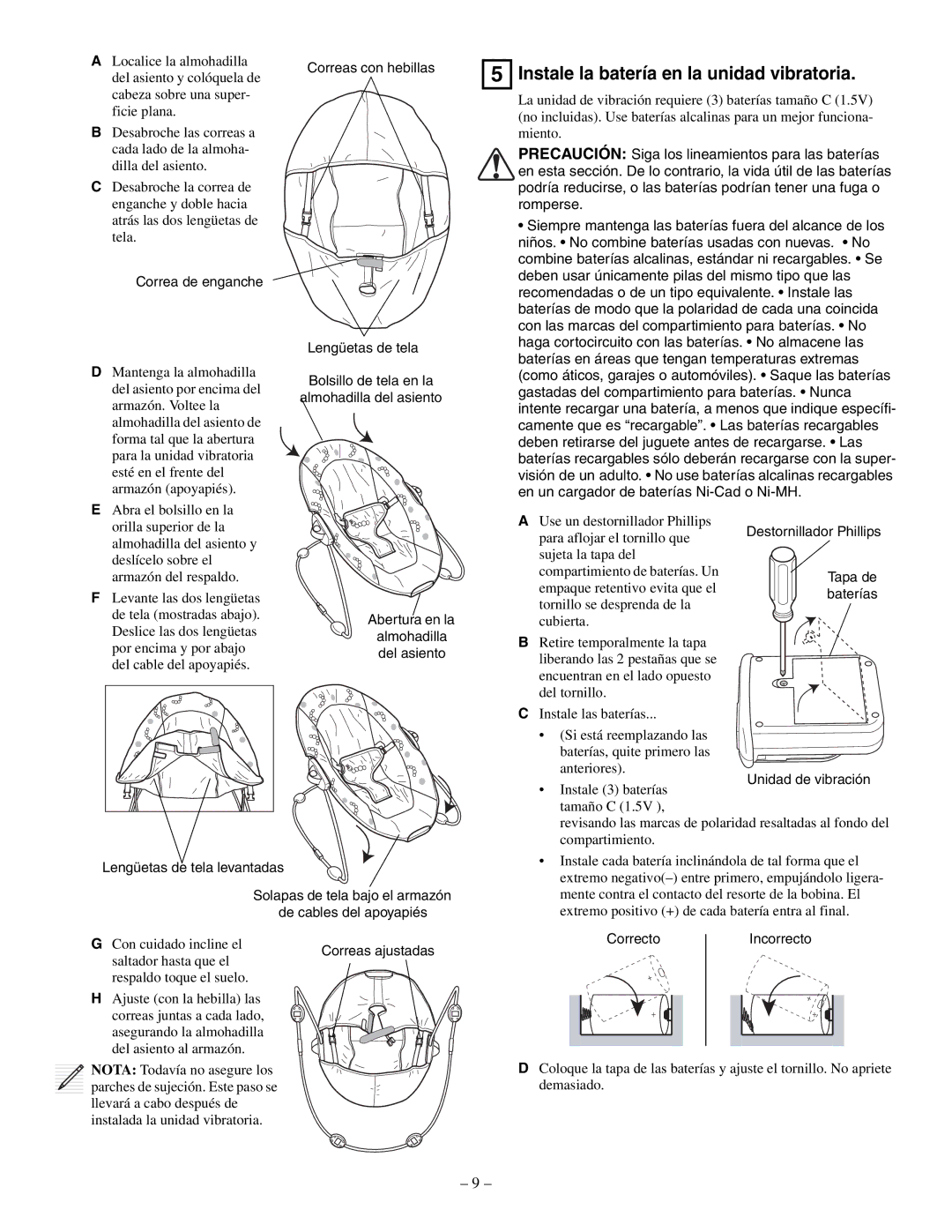 Baby Einstein 30886 manual Instale la batería en la unidad vibratoria 