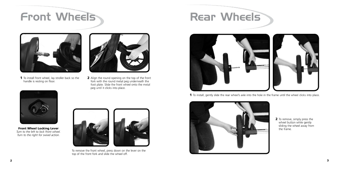 Baby Jogger ASTM F833-07A manual Front Wheels Rear Wheels, Front Wheel Locking Lever 