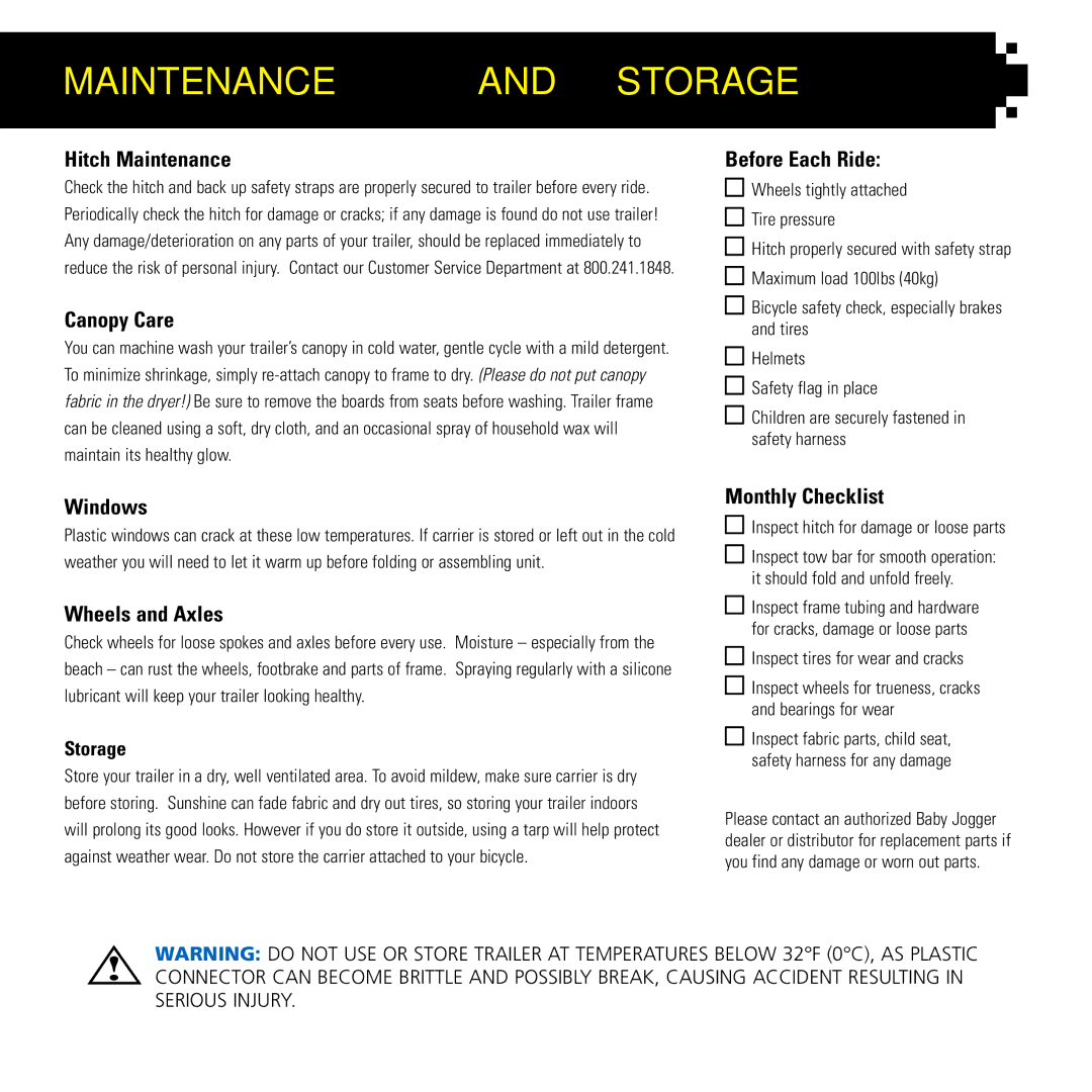 Baby Jogger Bicycle Accessories manual Maintenance and Storage, Hitch Maintenance 