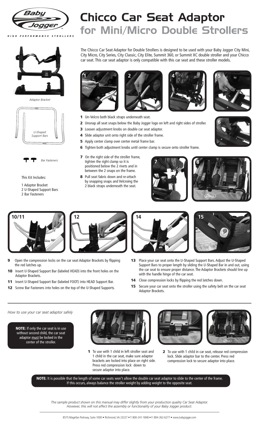 Baby Jogger Car Stereo System manual 10/11, Tighten the right clamp so it is 