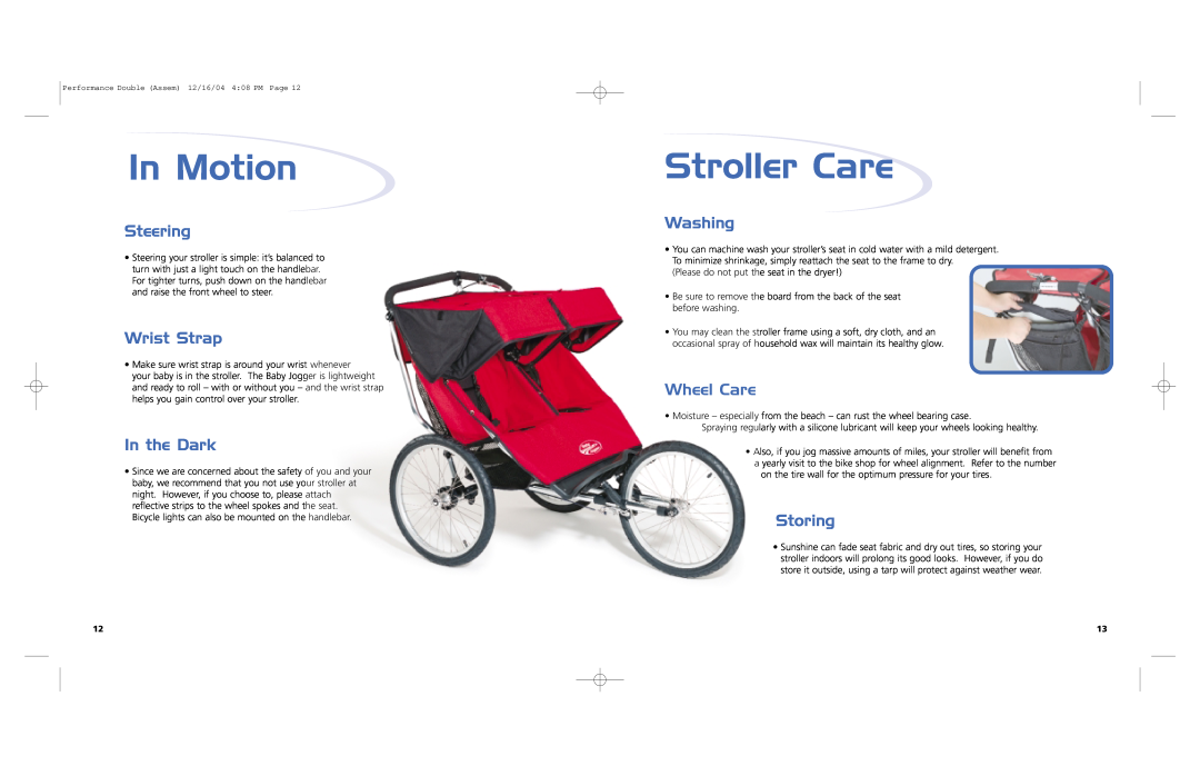 Baby Jogger Double Jogging In Motion, Stroller Care, Steering, Wrist Strap, In the Dark, Washing, Wheel Care, Storing 