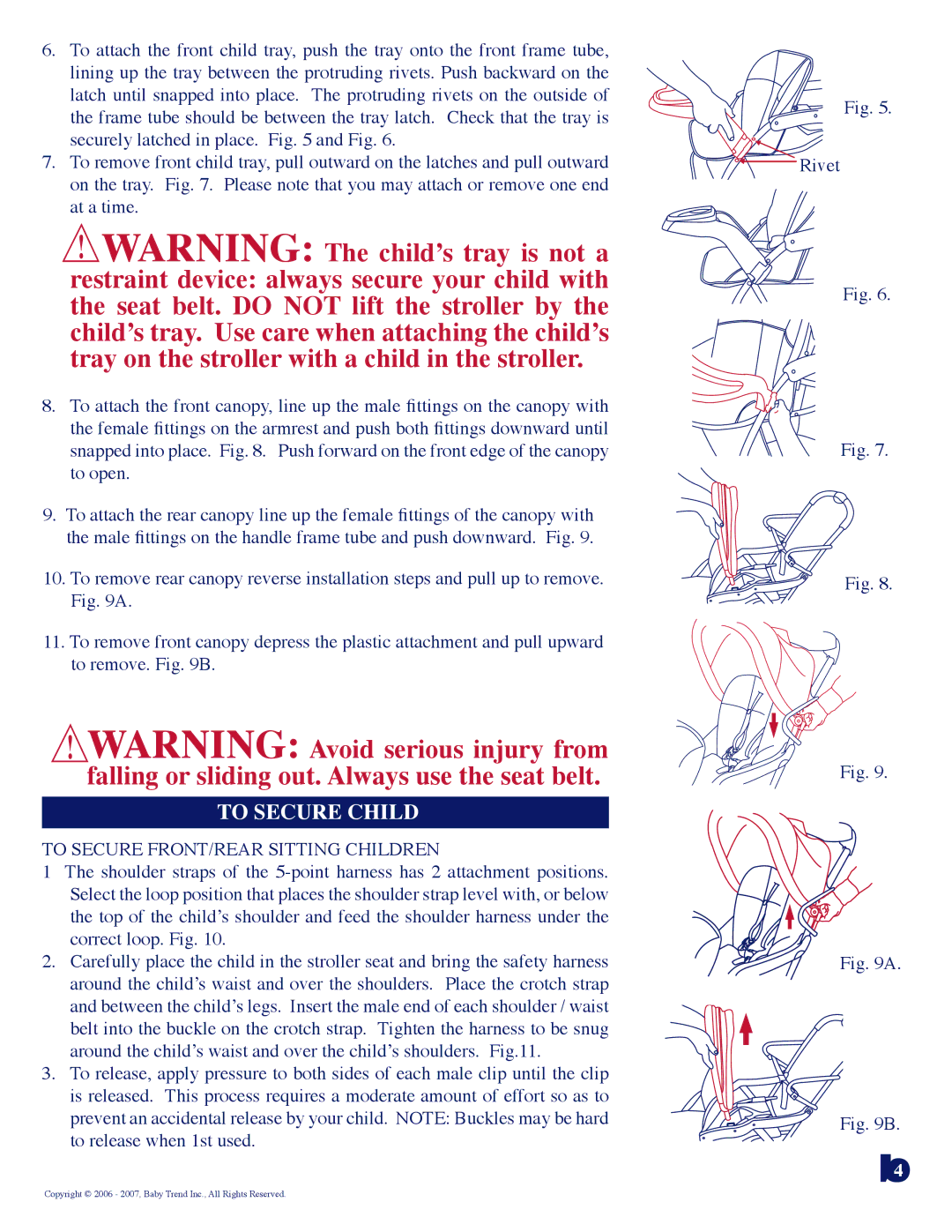 Baby Trend 11.07 manual To Secure Child, To Secure FRONT/REAR Sitting Children 