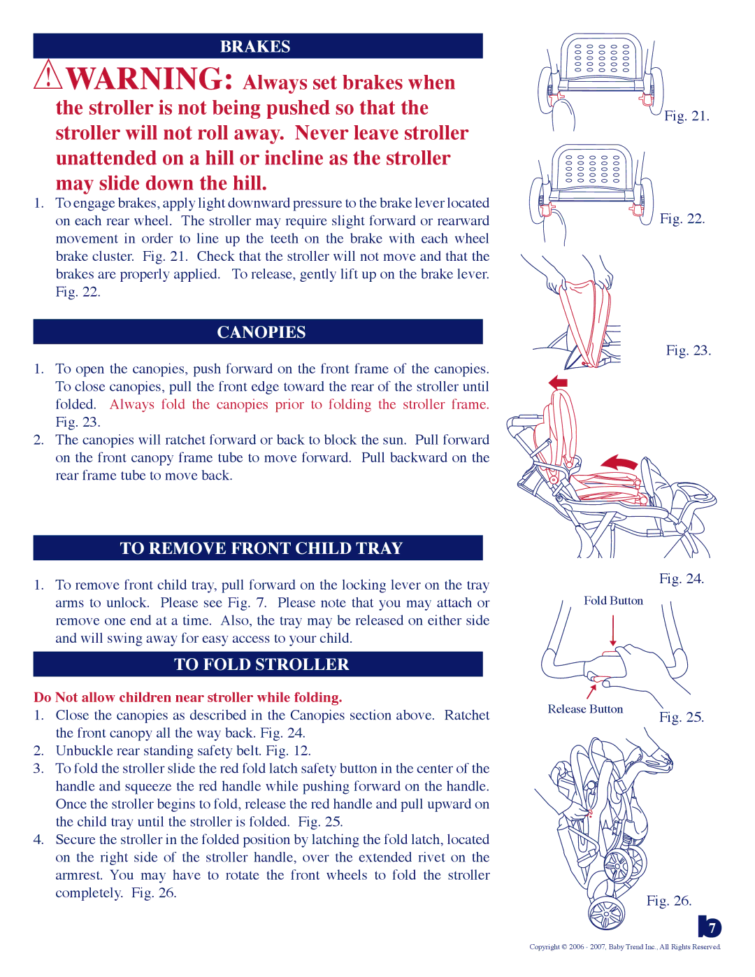 Baby Trend 11.07 manual Brakes, Canopies, To Remove Front Child Tray, To Fold Stroller 