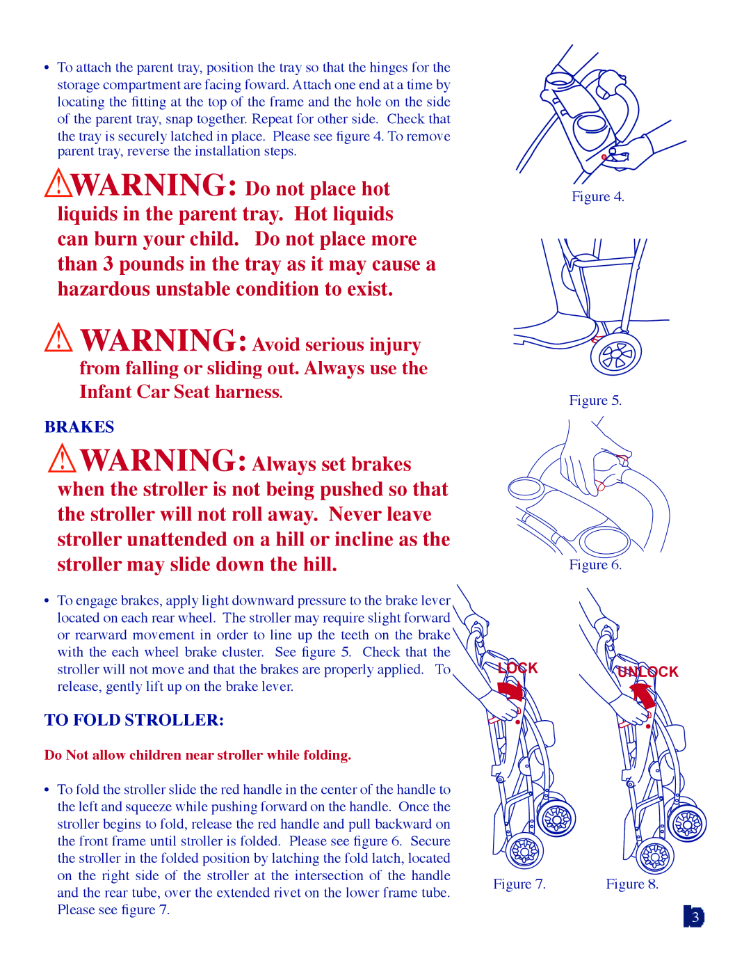 Baby Trend 1305 manual Brakes, To Fold Stroller, Do Not allow children near stroller while folding 