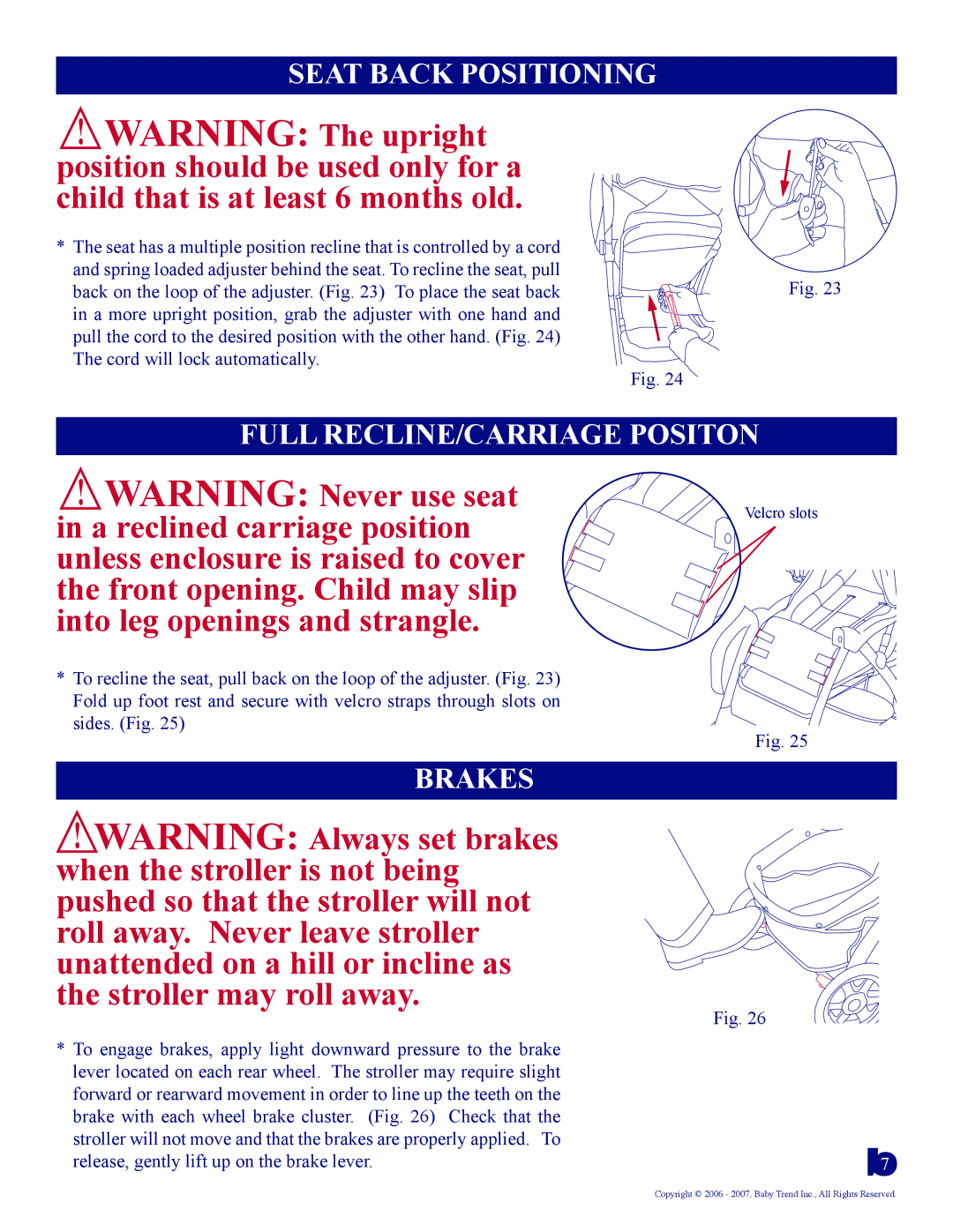 Baby Trend 1956CT manual Seat Back Positioning, Full RECLINE/CARRIAGE Positon, Brakes 