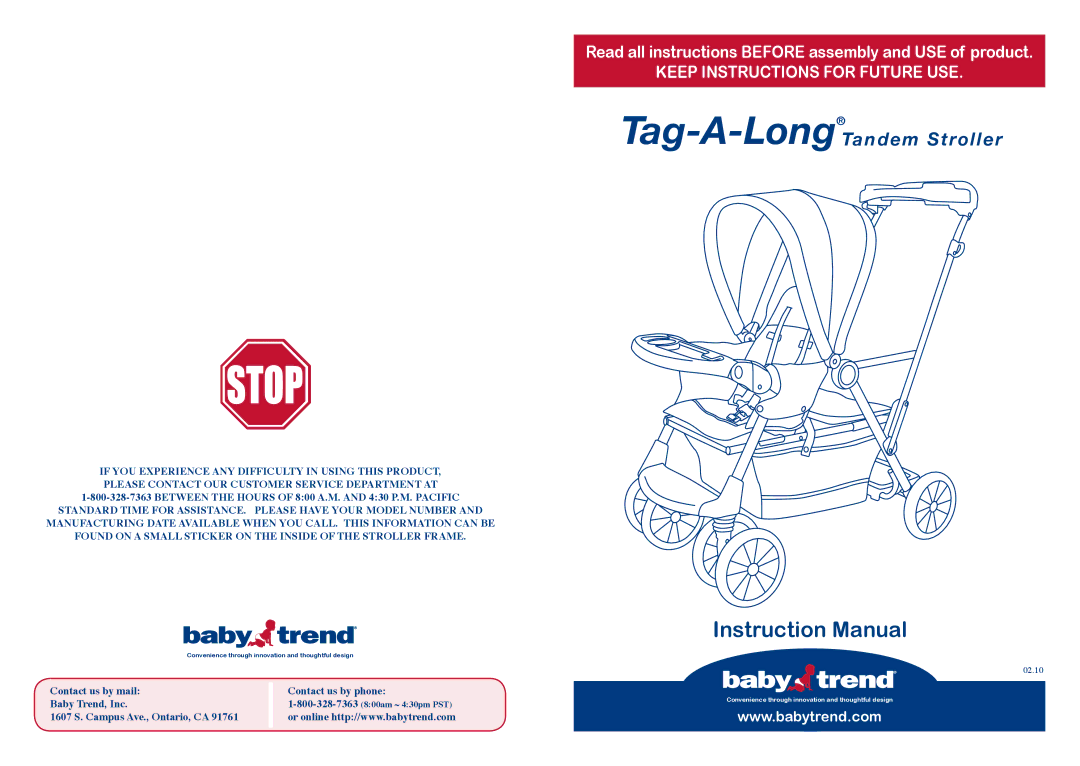 Baby Trend 2.1 manual Tag-A-LongTandem Stroller 