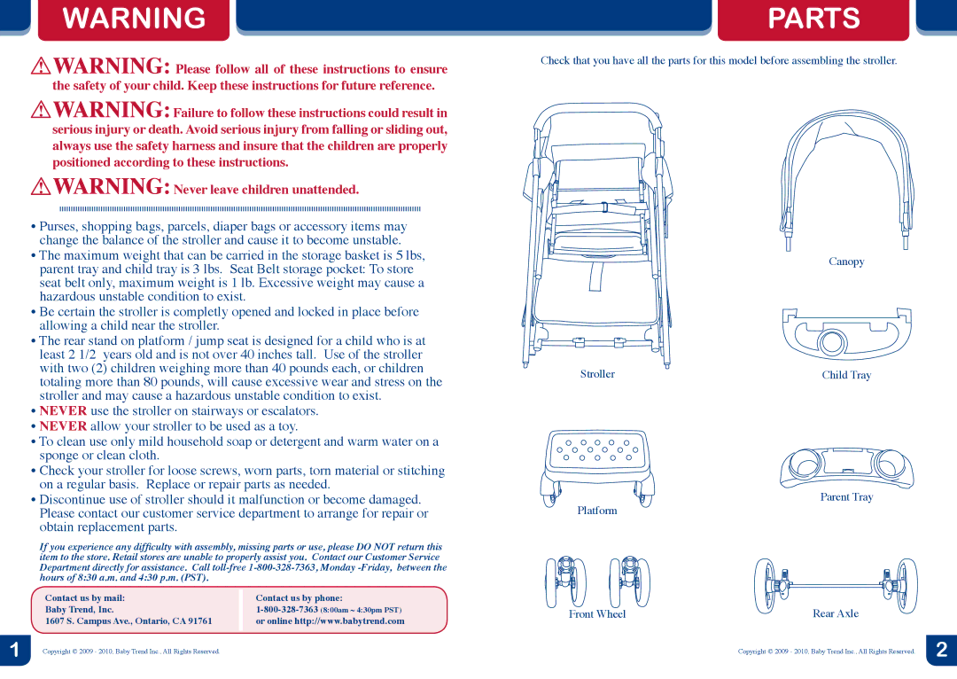 Baby Trend 2.1 manual Parts, Obtain replacement parts 