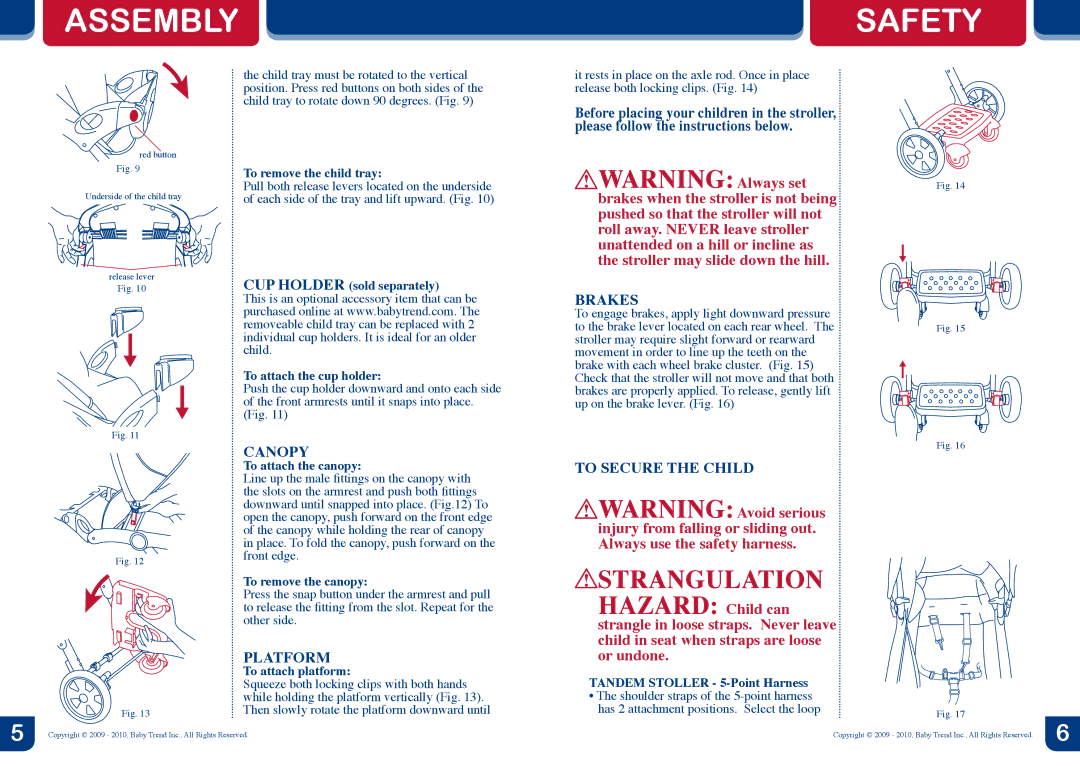 Baby Trend 2.1 manual Assembly Safety, Brakes, Canopy, Platform, To Secure the Child 