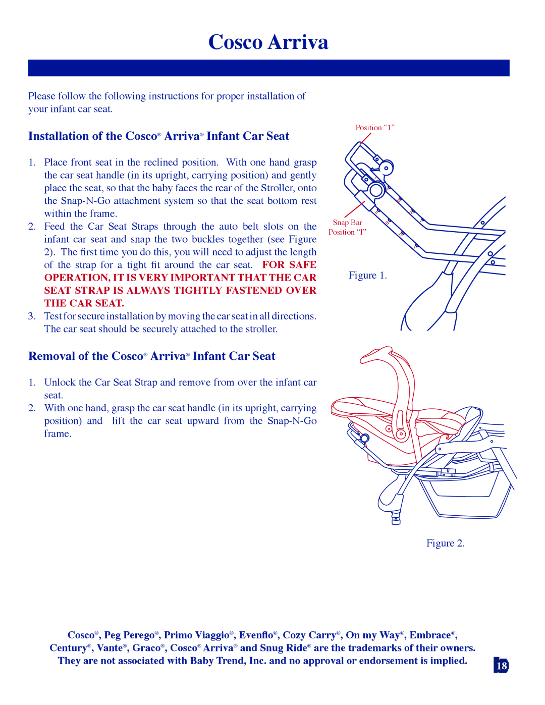 Baby Trend 7311 manual Installation of the Cosco Arriva Infant Car Seat, Removal of the Cosco Arriva Infant Car Seat 