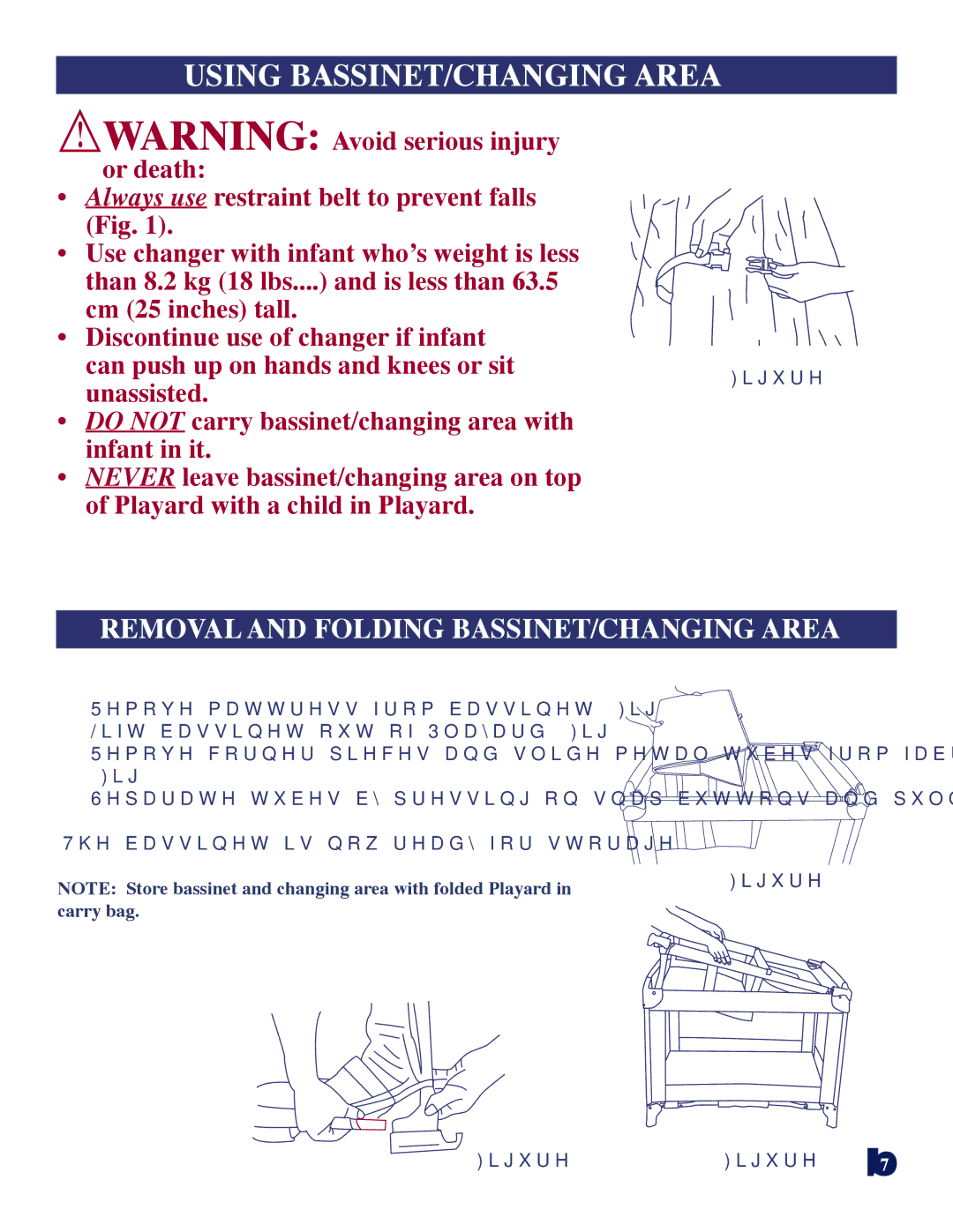 Baby Trend 8181bt manual Using BASSINET/CHANGING Area, Removal and Folding BASSINET/CHANGING Area 