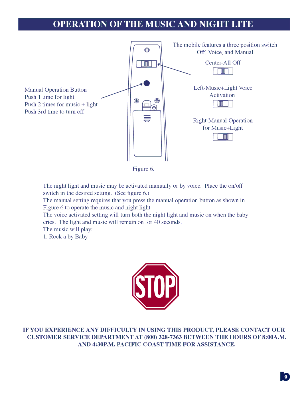 Baby Trend 8181bt manual Stop, Operation of the Music and Night Lite 