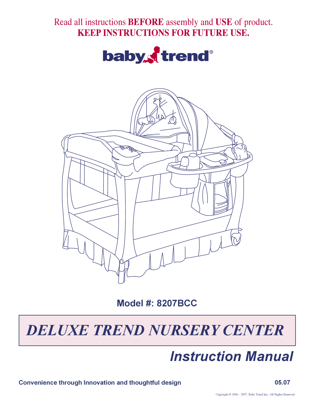 Baby Trend 8207BCC manual Deluxe Trend Nursery Center 