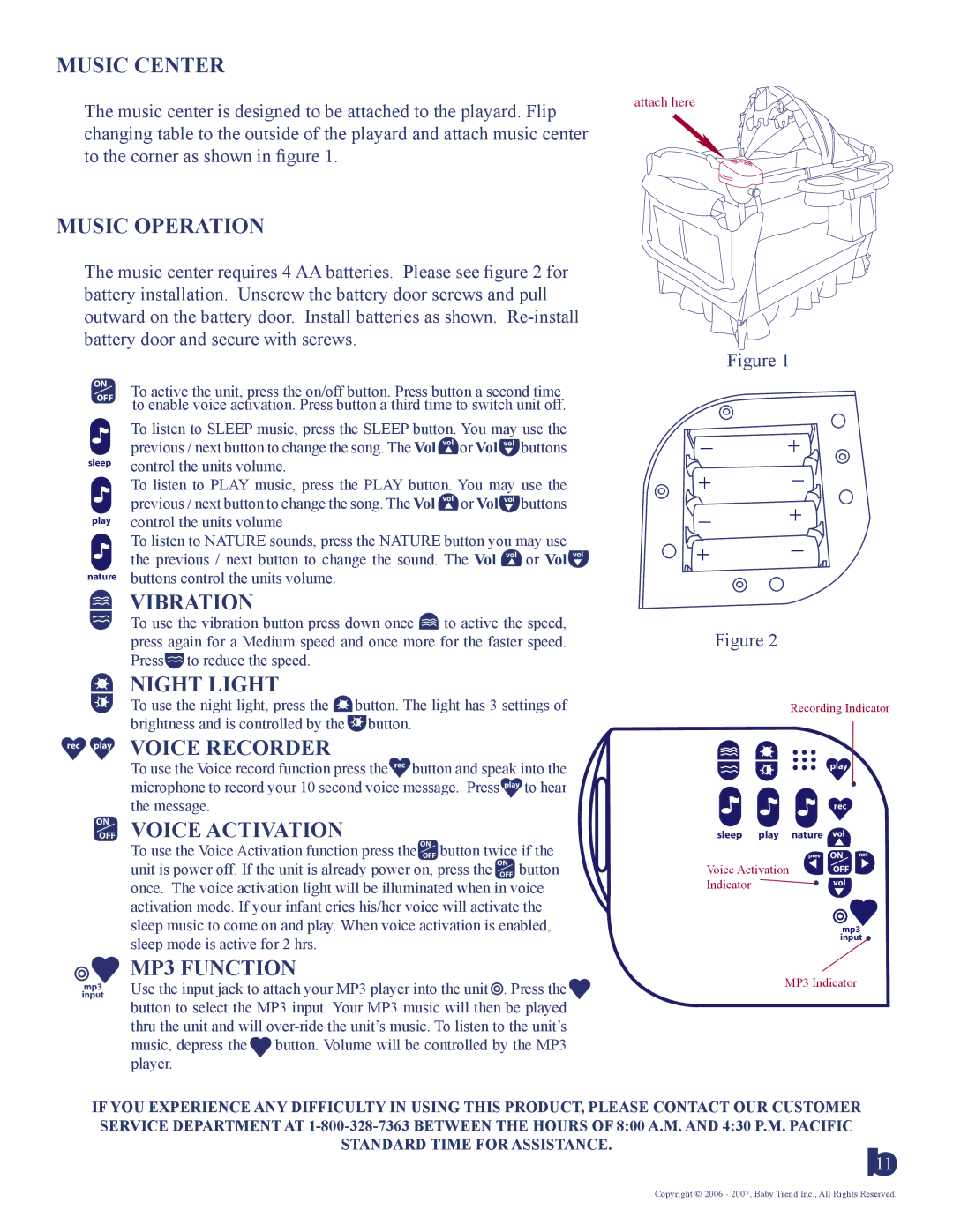 Baby Trend 8207BCC manual Music Center, Music Operation, Vibration, Night Light, Onoff Voice Activation, MP3 Function 