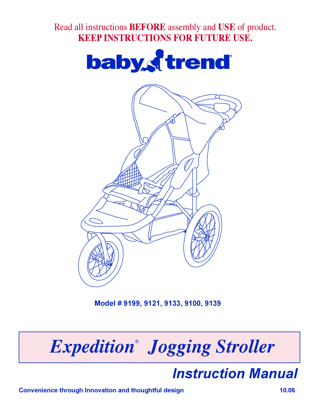 Baby Trend 9133, 9199, 9139, 9121, 9100 manual ExpeditionR Jogging Stroller 