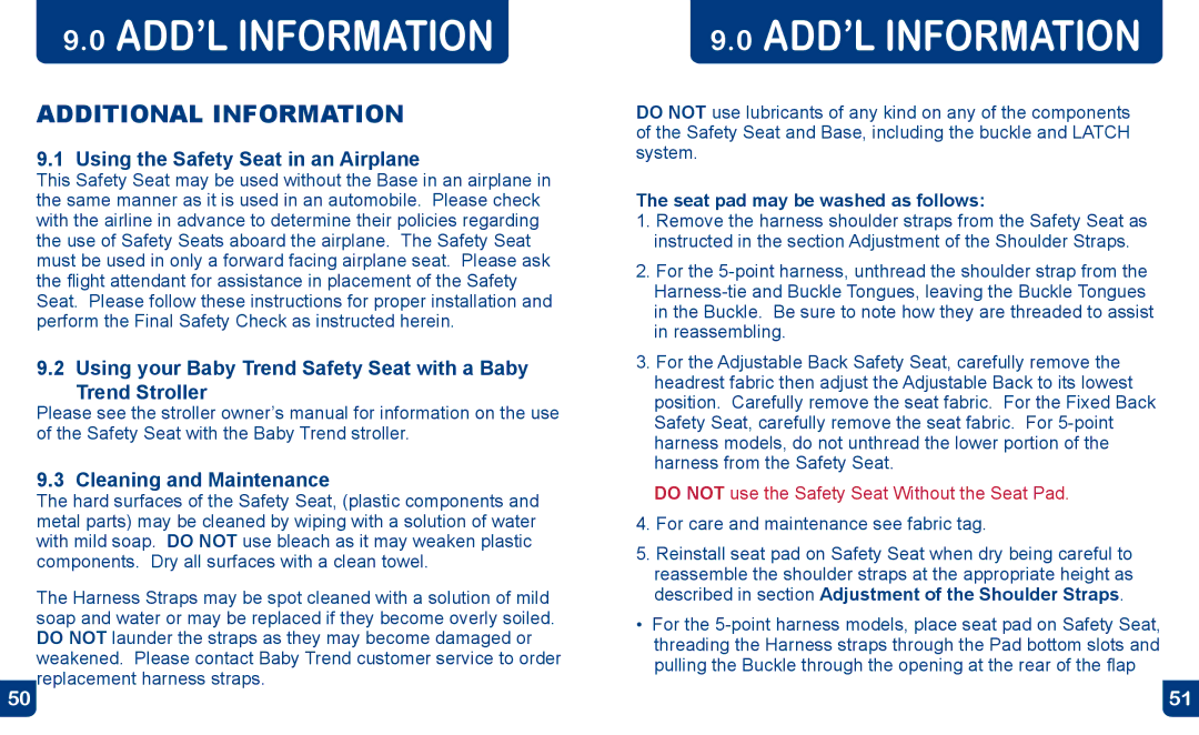 Baby Trend CS0190B0211, E30FL0211U manual ADD’L Information, Additional Information, Using the Safety Seat in an Airplane 