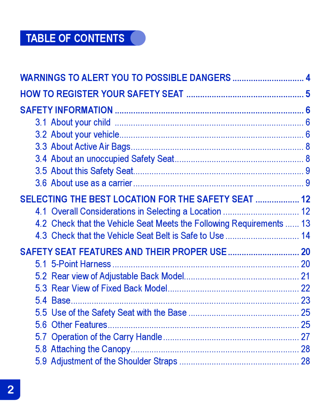 Baby Trend CSO190AD809 manual Table of Contents 