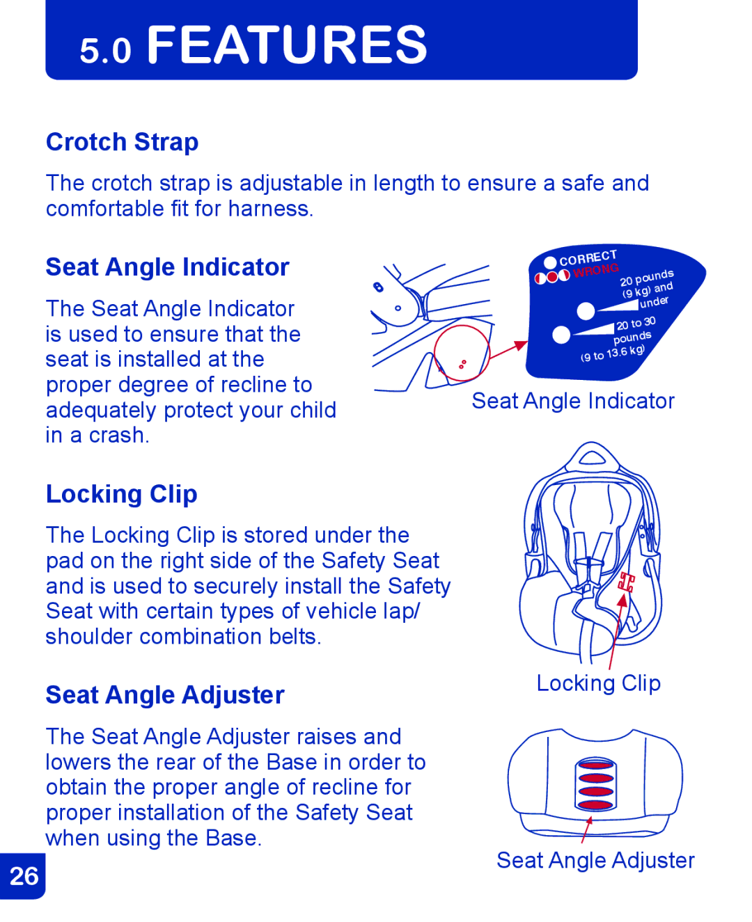 Baby Trend CSO190AD809 manual Crotch Strap, Seat Angle Indicator, Locking Clip, Seat Angle Adjuster 