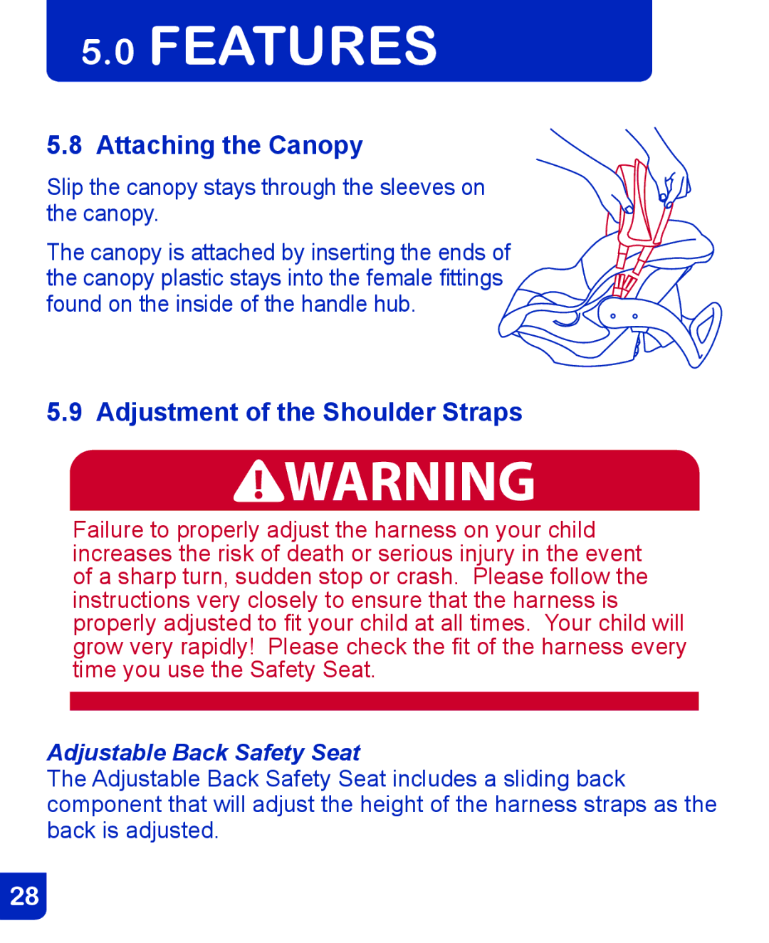 Baby Trend CSO190AD809 manual Attaching the Canopy, Adjustment of the Shoulder Straps 